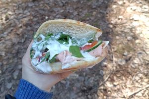 Take-away sandwich with ham, cheese, cocumber, tomato, rocket and garlic sauce at Vegalicious Pastry in Helsinki