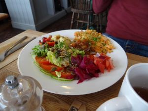 Vegan fritters with salad at Laportes in Lewes
