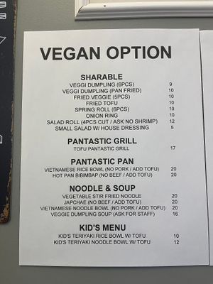 Vegan menu   at Pantastic Grill  in Kamloops