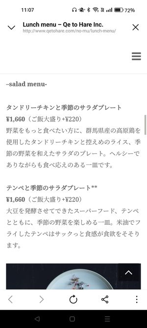 Menu Screenshot 
-Tandori chicken seasonal salad plate (not vegan) 
- Tempeh seasonal salad plate (vegan) at no-mu cafe in Kyoto