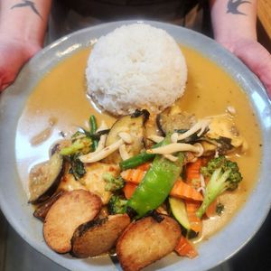 Red curry  on rice at YOD in Haymarket