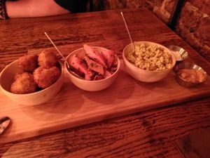 Veg starters: falafel, spiced carrots, bulgar and two sauces at Kokob in Brussels