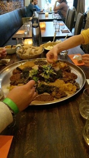 5 different meals served on one plate (all vegan) at Kokob in Brussels