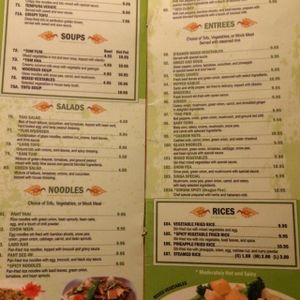 Vegetarian menu at Singha Thai Restaurant in Bakersfield