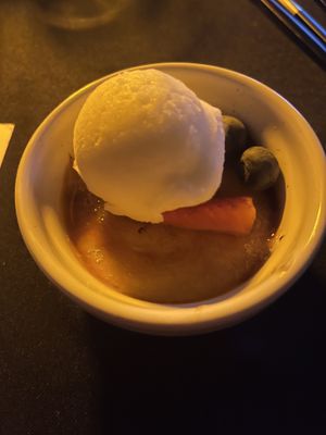 Creme brûlée with sorbet and fruits  at Eat The Film in Hamburg