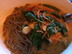 Chiangmai noodle soup with vegetarian broth, soba noodles, and organic tofu at Joy Noodles and Asian Cuisine in West Palm Beach