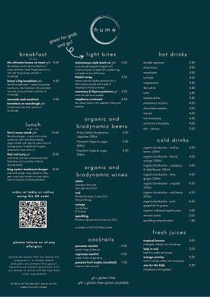 Full menu at Hume in Liverpool