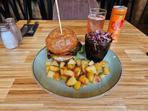 Oyster mushroom burger with rosemary potatoes at Hume in Liverpool