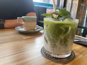 Coconut matcha and an oat flat white   at Hume in Liverpool