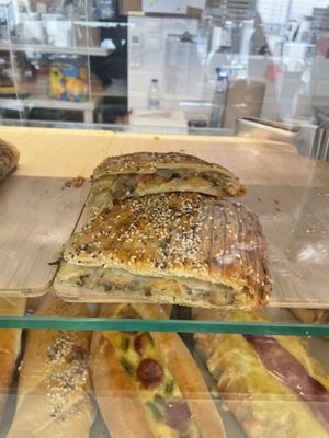 Crazy delicious vegan mushroom pie  at Athanasiou Bakery in Methoni