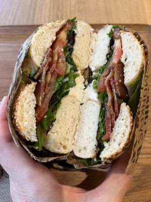 Delicious Bagel BLT! Crispy, chewy, sesame delight!  at Land & Monkeys - Grands Boulevards in Paris