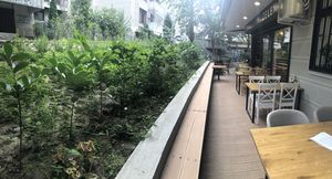 A panoramic shot of the herb garden and terrace  at Zelen in Belgrade