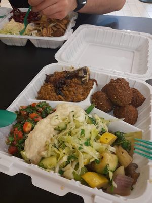 lentils, falafel, various veggies, baba ghanoush at Aviva by Kameel in Atlanta