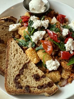 Tots and Sausage Hash made from chickpeas  at FiKA in Grand Rapids