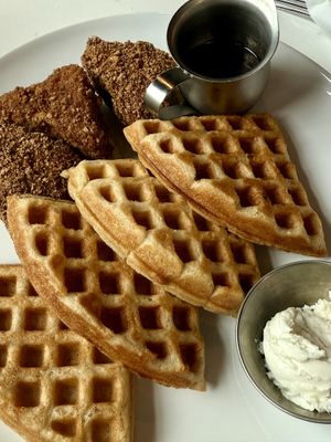 (Tofu) Chik’n & Waffles with spicy syrup   at FiKA in Grand Rapids