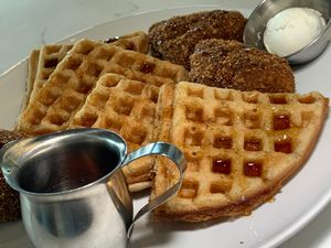 Chik'n+Waffle: Battered & Fried Tofu Chik'n, Vegan Butter, Hot (Spicy) Maple Syrup at FiKA in Grand Rapids