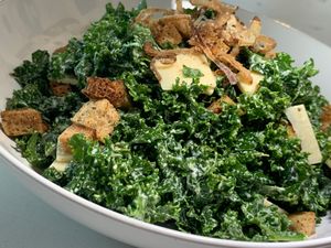 Kale Caesar: Violife Parmesan, Fried Shallots, House-Made Croutons at FiKA in Grand Rapids