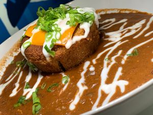 Chili Cornbread Poke Bake: Corn Bread, Chickpea Chili, "Sour Cream", Green Onions, Violife Cheddar (Grand Rapids Vegan Chef Challenge 9/25) at FiKA in Grand Rapids