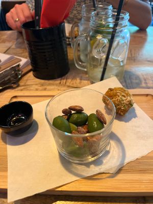 Olives aperitif + risotto balls at Vegan Pizza Bar  in Utrecht