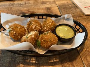 Truffle arancini: very good. The filling is a creamy risotto  at Vegan Pizza Bar  in Utrecht