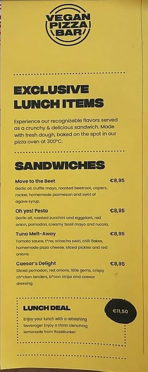 Lunch menu Sept 2025  at Vegan Pizza Bar  in Utrecht