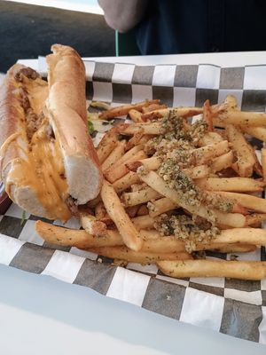 Philly cheese steak with garlic fries at Mission Burger Co. in Atlanta