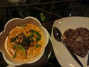 Curry with soy protein served with brown rice at Irie Bar and Restaurant in Koh Lanta