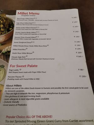Millet menu at Rasa Dhatu in Mysore