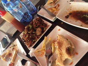 burgers and fried noodles!  at Cafe y Té Pacífico in Salamanca