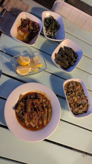 The mezze dishes, including stuffed vine leaves. at Nihan's Kitchen in Oludeniz
