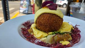 Vegan crab cake egg Benedict at MALU in Saugatuck