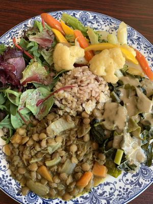 Lunch special - rice, lentils, greens, salad, veggies   at Shangri-La Vegan - Linden in Oakland