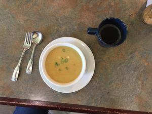 Red lentils & veggie soup  at Shangri-La Vegan - Linden in Oakland