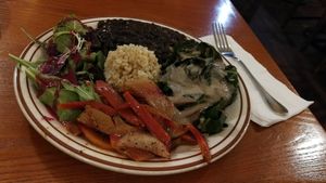 Long grain brown rice
Black eye pea with onion garlic
Baked rutabaga turnip, red beet, celery, carrot 
Collard Greens with brown mushroom onion sauce
Mixed salad with red beet lemo at Shangri-La Vegan - Linden in Oakland