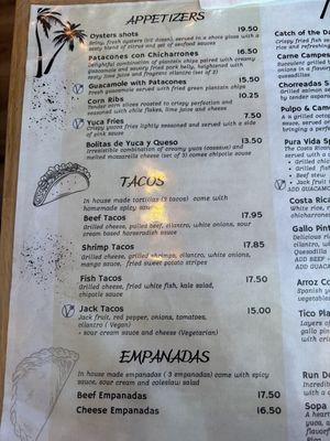 Menu as of May 2025  at Pura Vida Restaurant in Toronto