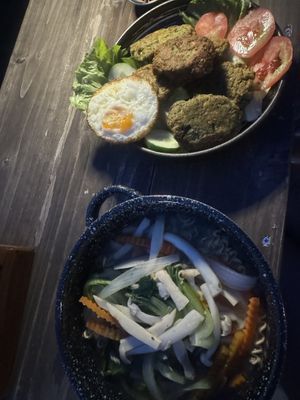 mushroom noodle soup and chickpea fritters  at Sa Mu Coffee & Restaurants in Lao Cai