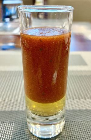 Tomato gazpacho shooter  at The Fountain Restaurant in Dubai