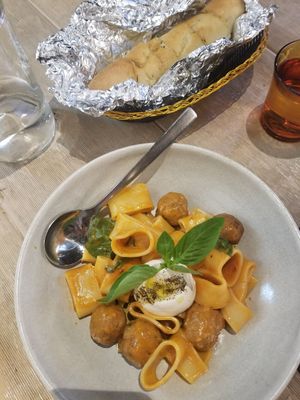 Pasta with vegan meatball at Smith & Daughters in Collingwood