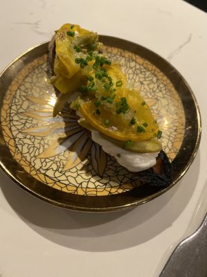 Bruschetta with whipped ricotta, pickled zucchini, green almonds and finger lime   at Smith & Daughters in Collingwood