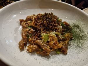 Pasta with vegan cheese at Smith & Daughters in Collingwood