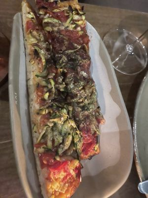 Catalan Coca bread, confit tomato, heirloom zucchini, citrus ash   at Smith & Daughters in Collingwood