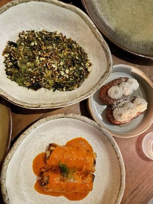 Starters - sugarloaf cabbage, potato croquettes, chick’n pastilla. Our favourites of the set menu  at Smith & Daughters in Collingwood