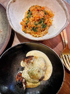Second course - Jerusalem artichokes with hollandaise, reginette pasta with sausage ragu & kale  at Smith & Daughters in Collingwood
