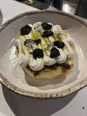 One of the best dishes of the night: salt “cod” cream on top of an incredible flatbread, with seaweed caviar on top.  at Smith & Daughters in Collingwood