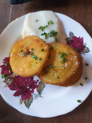 Fried green tomatoes 16: potato cake-like breading, very firm tomato texture, no tomato taste, Patsys one was better at Smith & Daughters in Collingwood