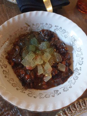 BBQ baked beans w/watermelon rind pickle 18: not bad, smokey, a little tangy, beans bit al dente at Smith & Daughters in Collingwood