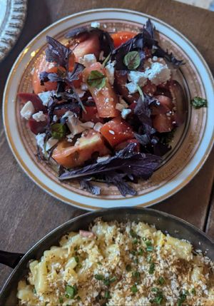 Tomato + BBQ plum salad 16: delicious! Heirloom type tomatoes at Smith & Daughters in Collingwood