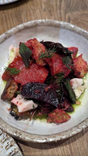 Autumn bread salad, fire roasted grapefruit, beetroot, smoked mozzarella $20.00: really nice!  at Smith & Daughters in Collingwood