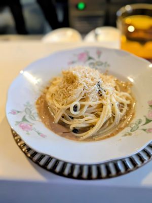 Spaghetti with black garlic - delicious at Smith & Daughters in Collingwood