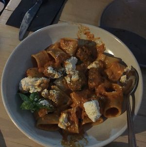 pasta with meatballs in a vodka tomato sauce and vegan ricotta at Smith & Daughters in Collingwood